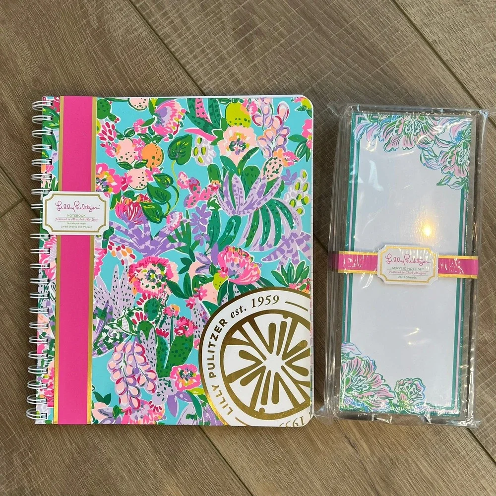 Lilly Pulitzer Set Notebook and Acrylic Note Floral Boujie Colorful Office Desk